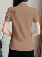 Women Casual Solid Color Turtleneck Slim Fit Short Sleeve Knit Top shein