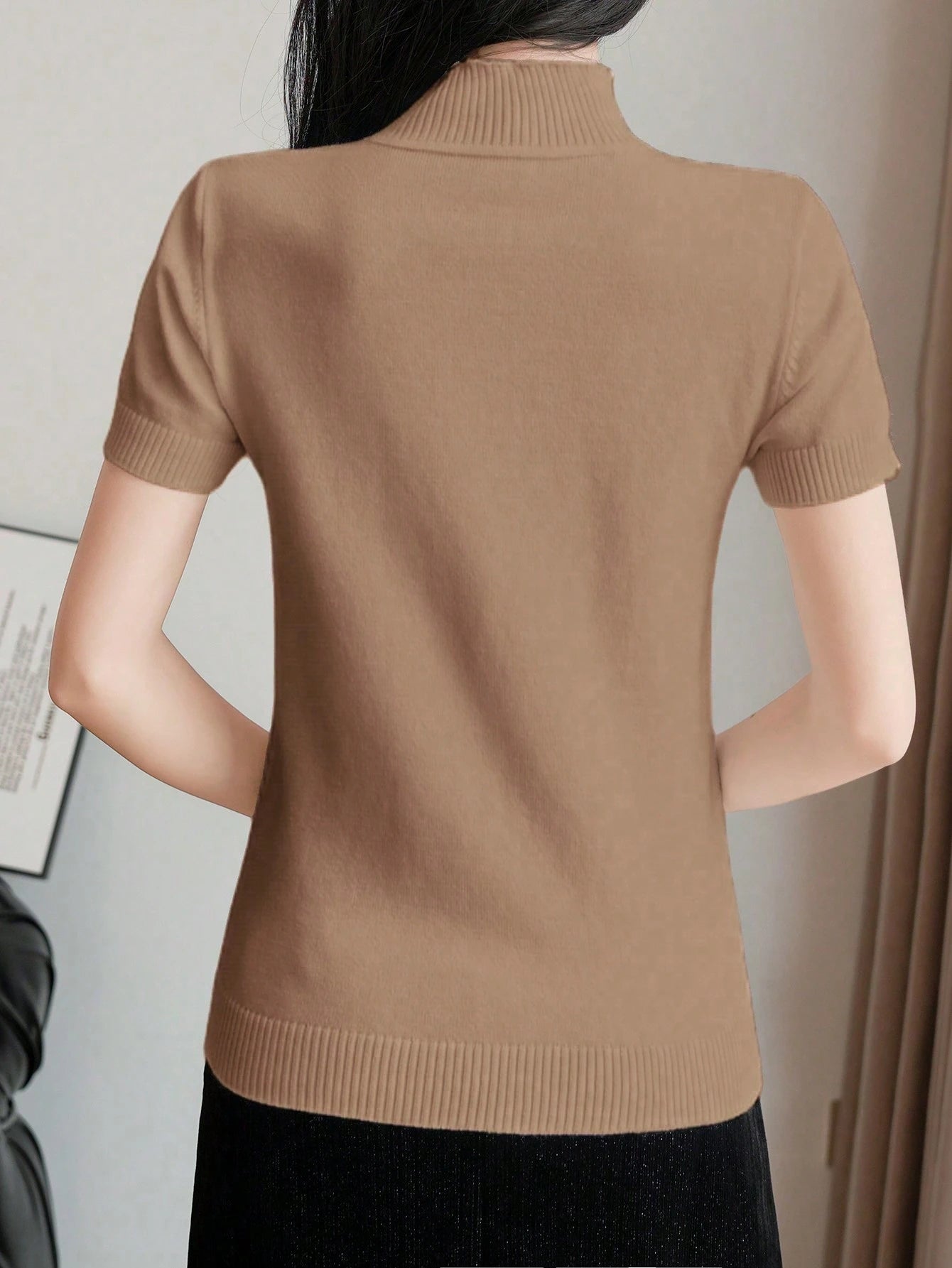 Women Casual Solid Color Turtleneck Slim Fit Short Sleeve Knit Top shein
