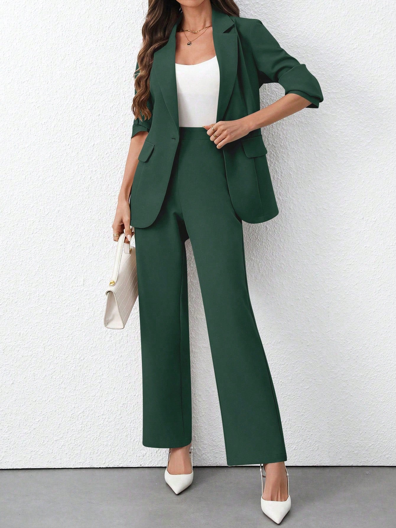 Women's Solid Color Minimalist Daily Wear Long Sleeve Blazer Jacket + Pants