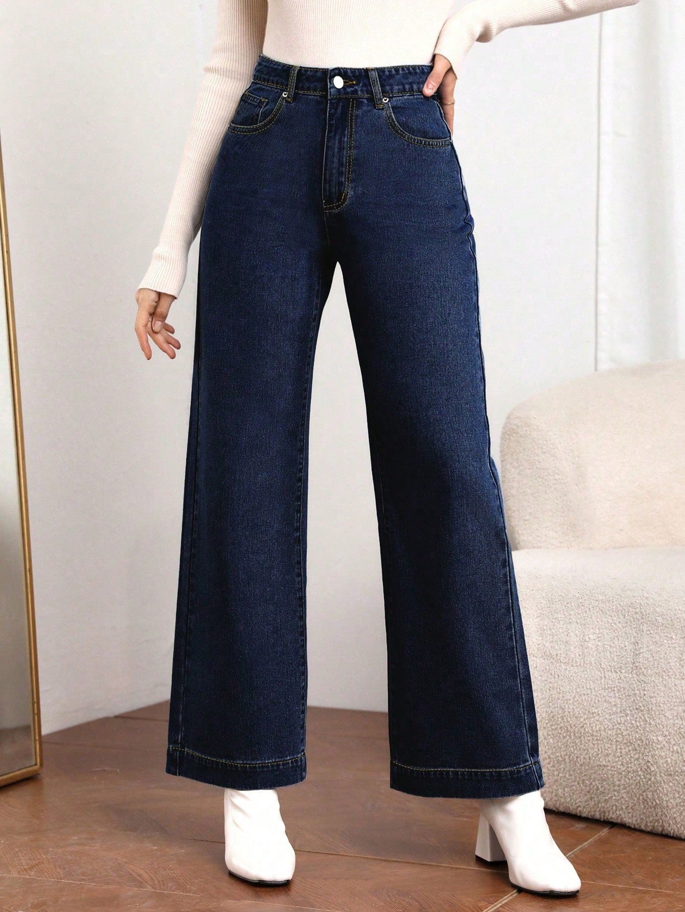Women's Pocket Design Loose Fit Wide Leg Casual Versatile Jeans