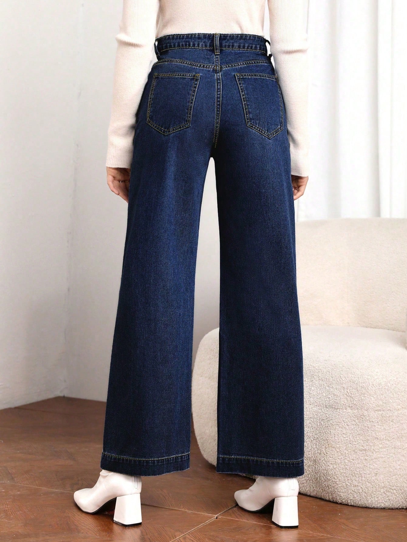 Women's Pocket Design Loose Fit Wide Leg Casual Versatile Jeans
