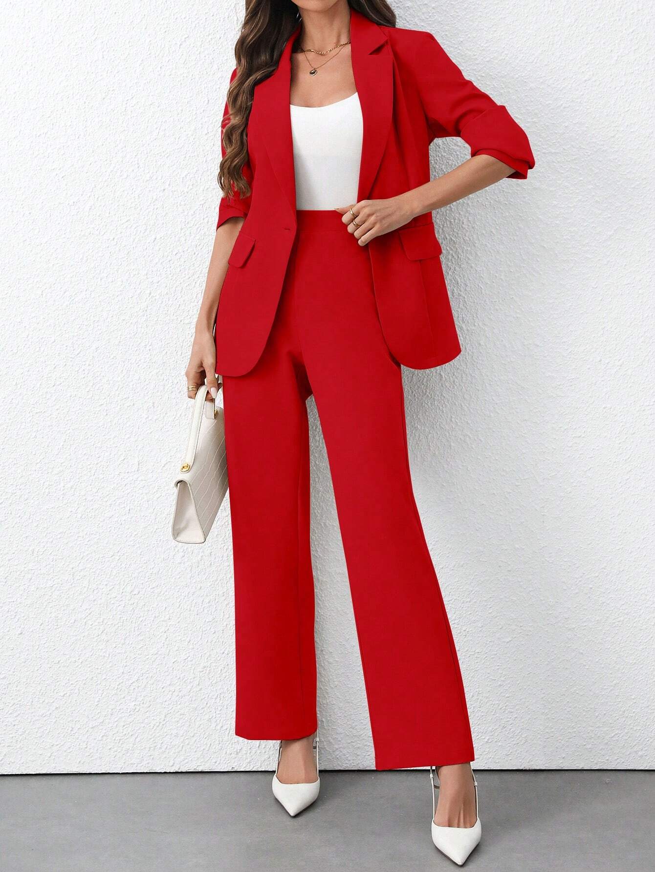 Women's Solid Color Minimalist Daily Wear Long Sleeve Blazer Jacket + Pants