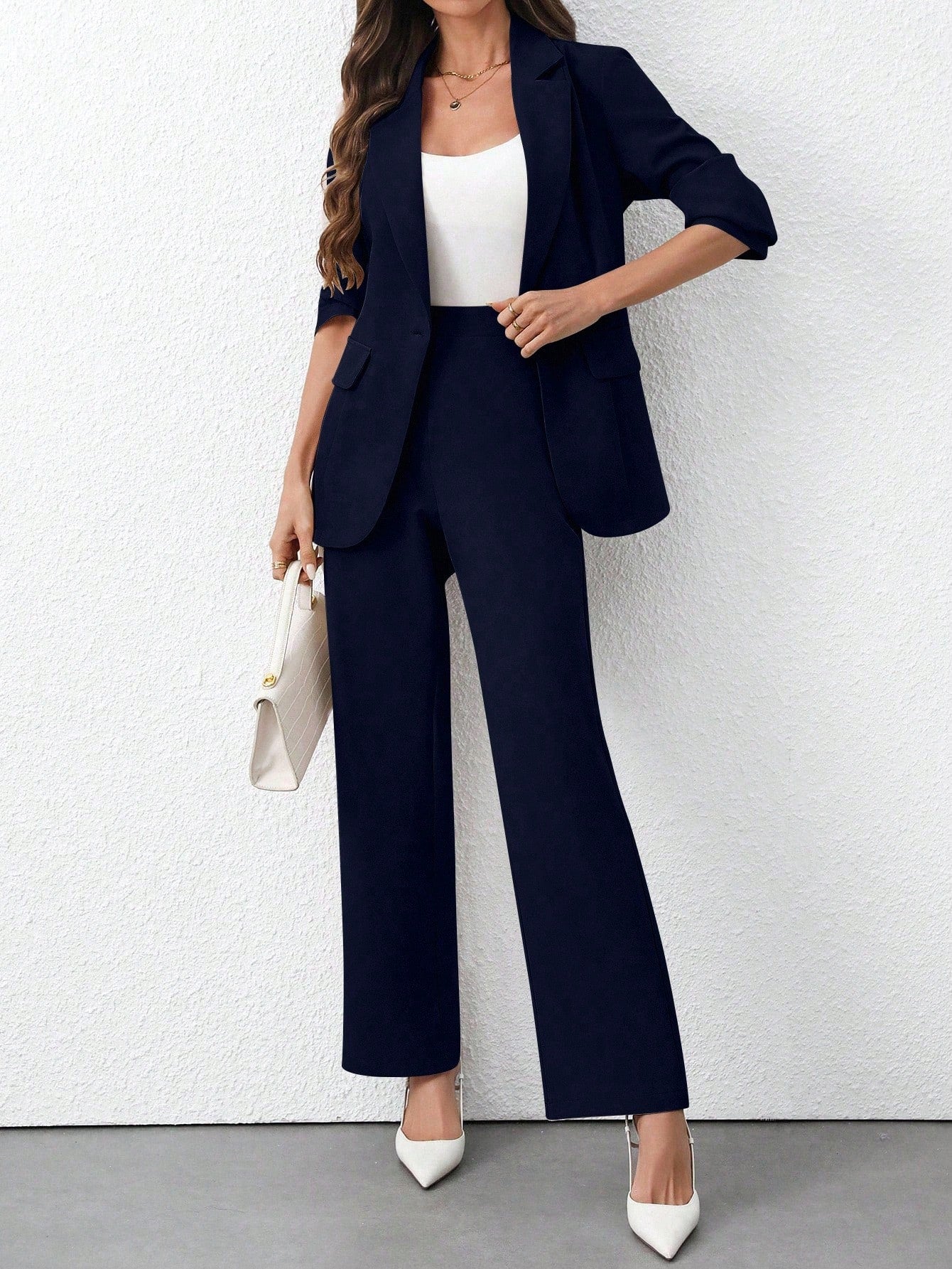 Women's Solid Color Minimalist Daily Wear Long Sleeve Blazer Jacket + Pants