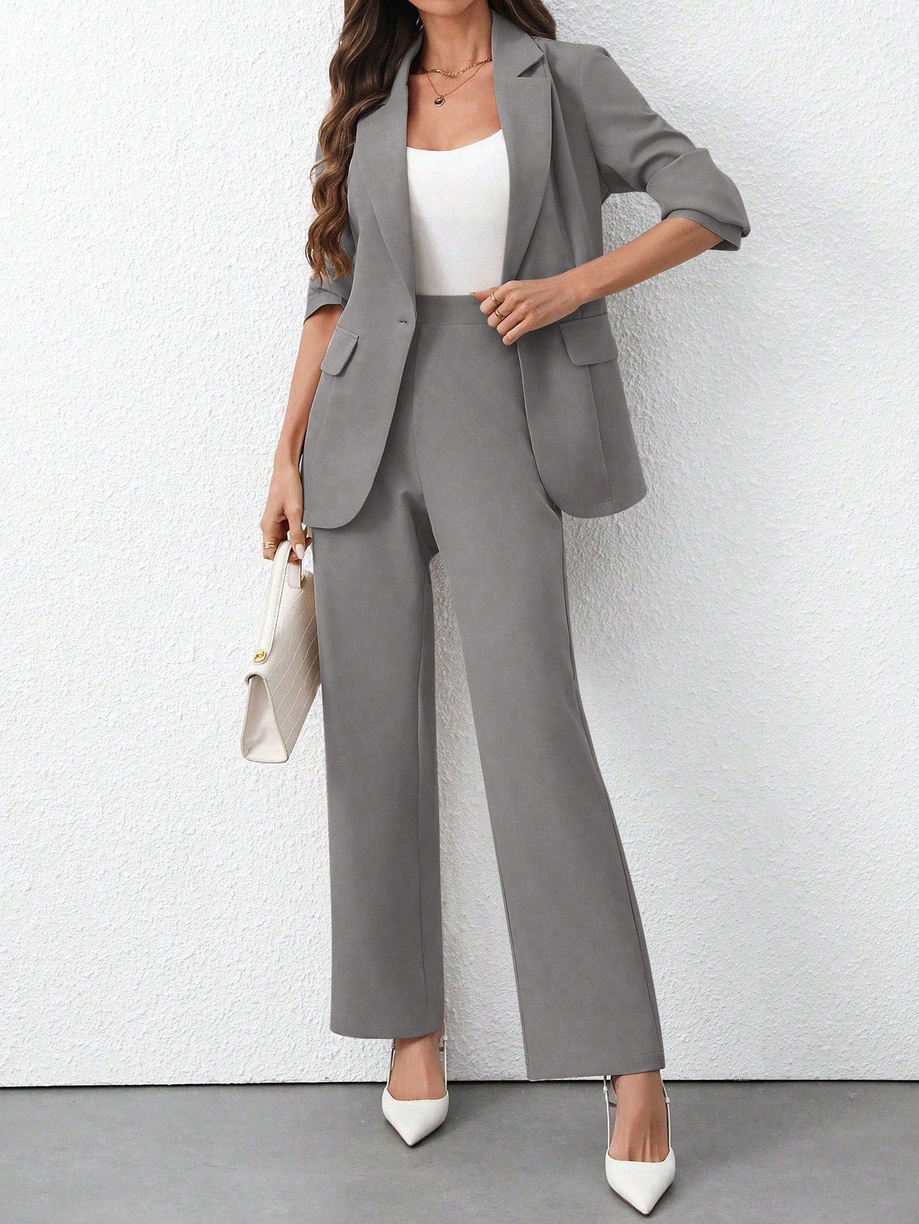Women's Solid Color Minimalist Daily Wear Long Sleeve Blazer Jacket + Pants