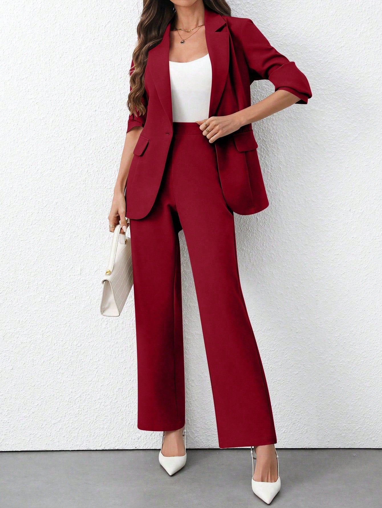 Women's Solid Color Minimalist Daily Wear Long Sleeve Blazer Jacket + Pants
