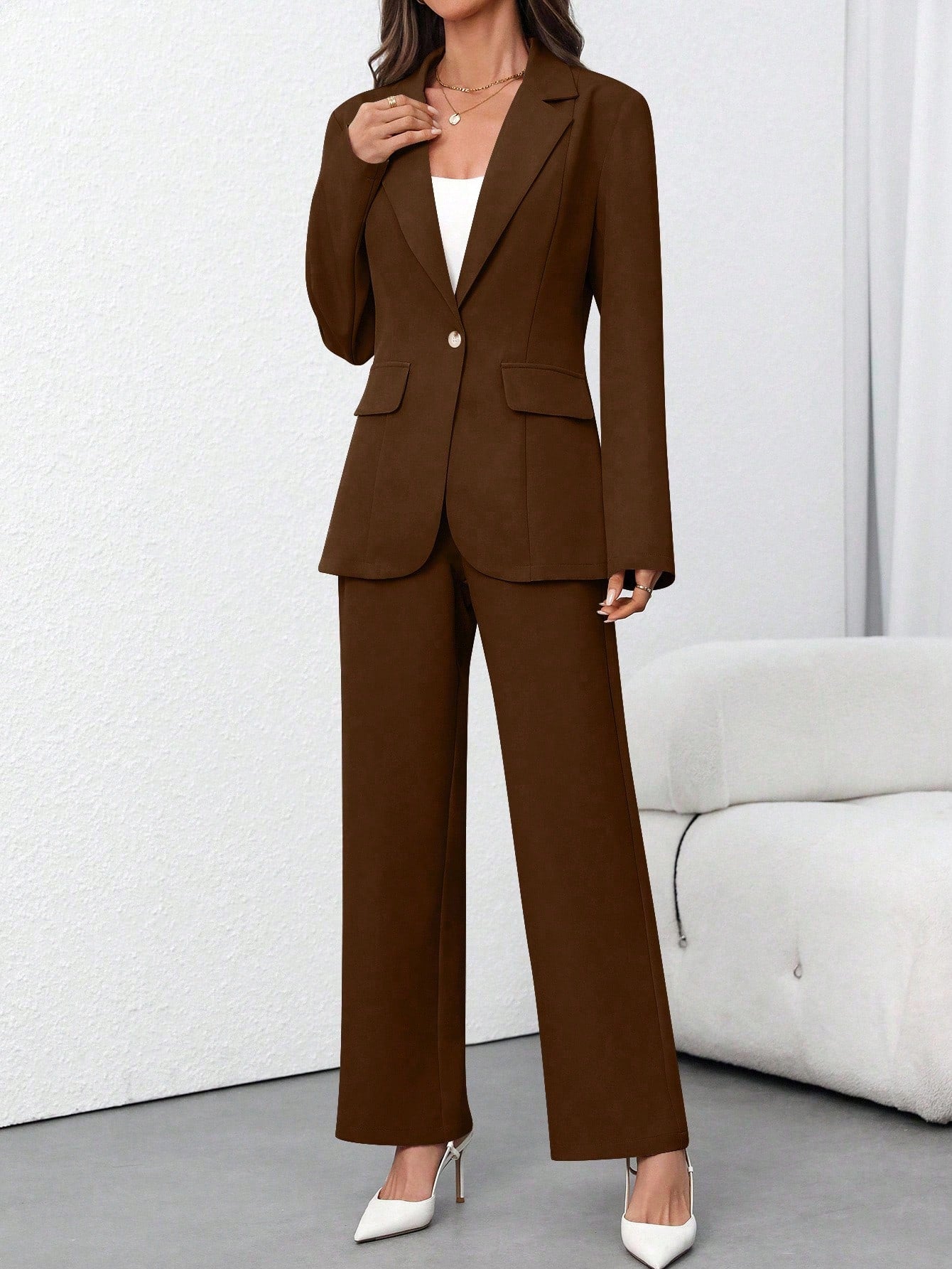Women's Solid Color Minimalist Daily Wear Long Sleeve Blazer Jacket + Pants