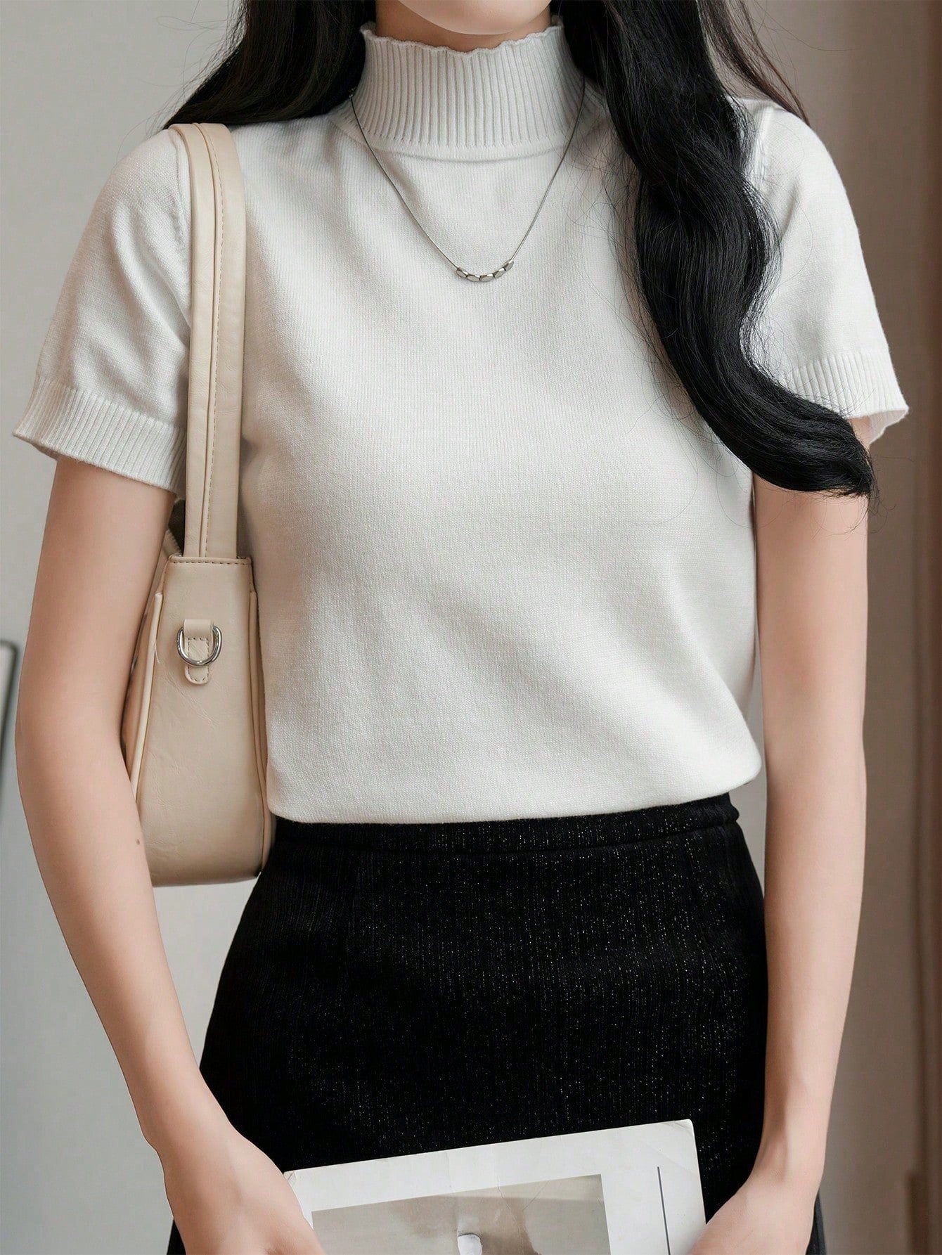 Women Casual Solid Color Turtleneck Slim Fit Short Sleeve Knit Top