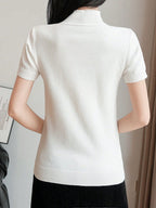 Women Casual Solid Color Turtleneck Slim Fit Short Sleeve Knit Top shein
