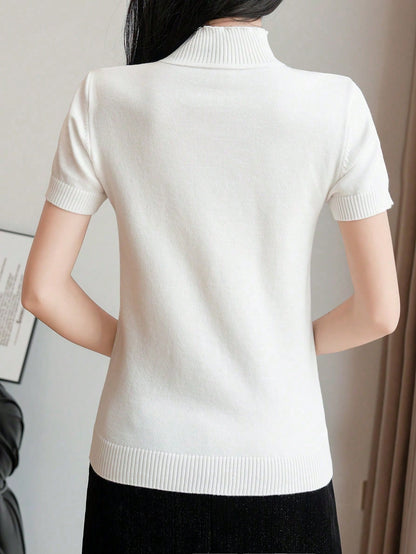 Women Casual Solid Color Turtleneck Slim Fit Short Sleeve Knit Top