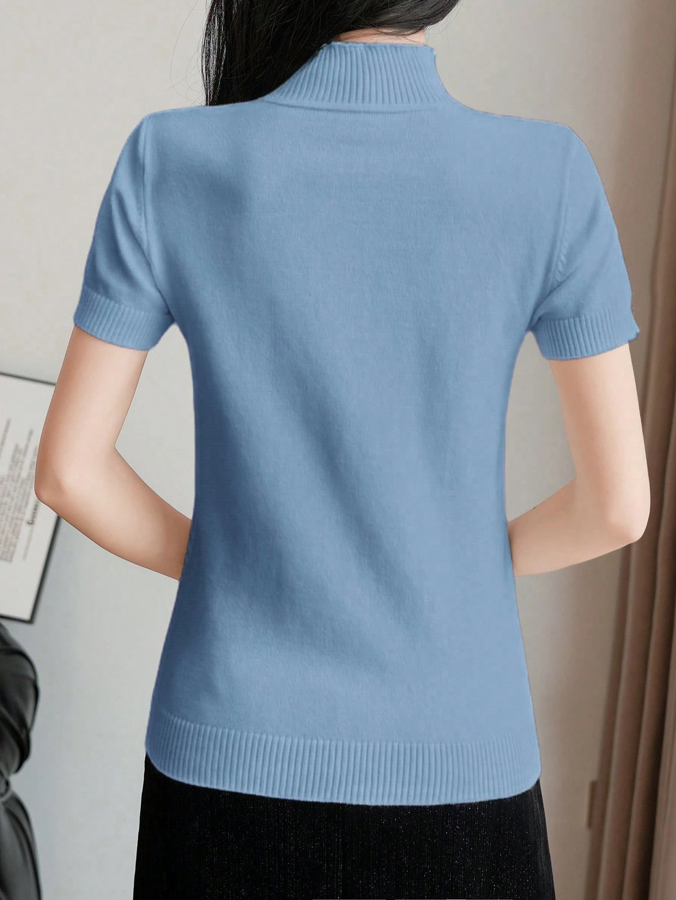 Women Casual Solid Color Turtleneck Slim Fit Short Sleeve Knit Top shein