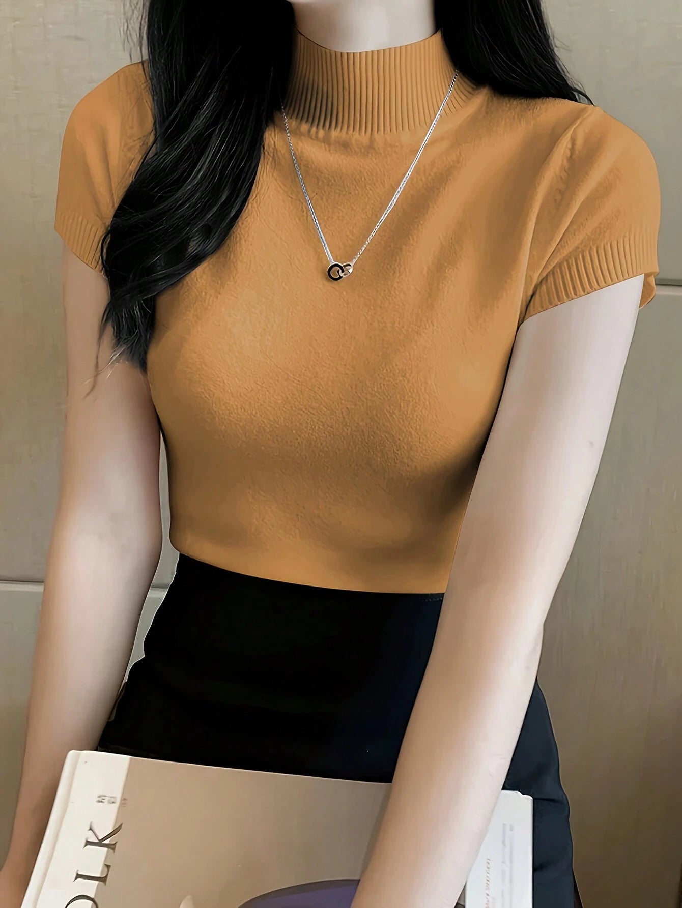 Women Casual Solid Color Turtleneck Slim Fit Short Sleeve Knit Top