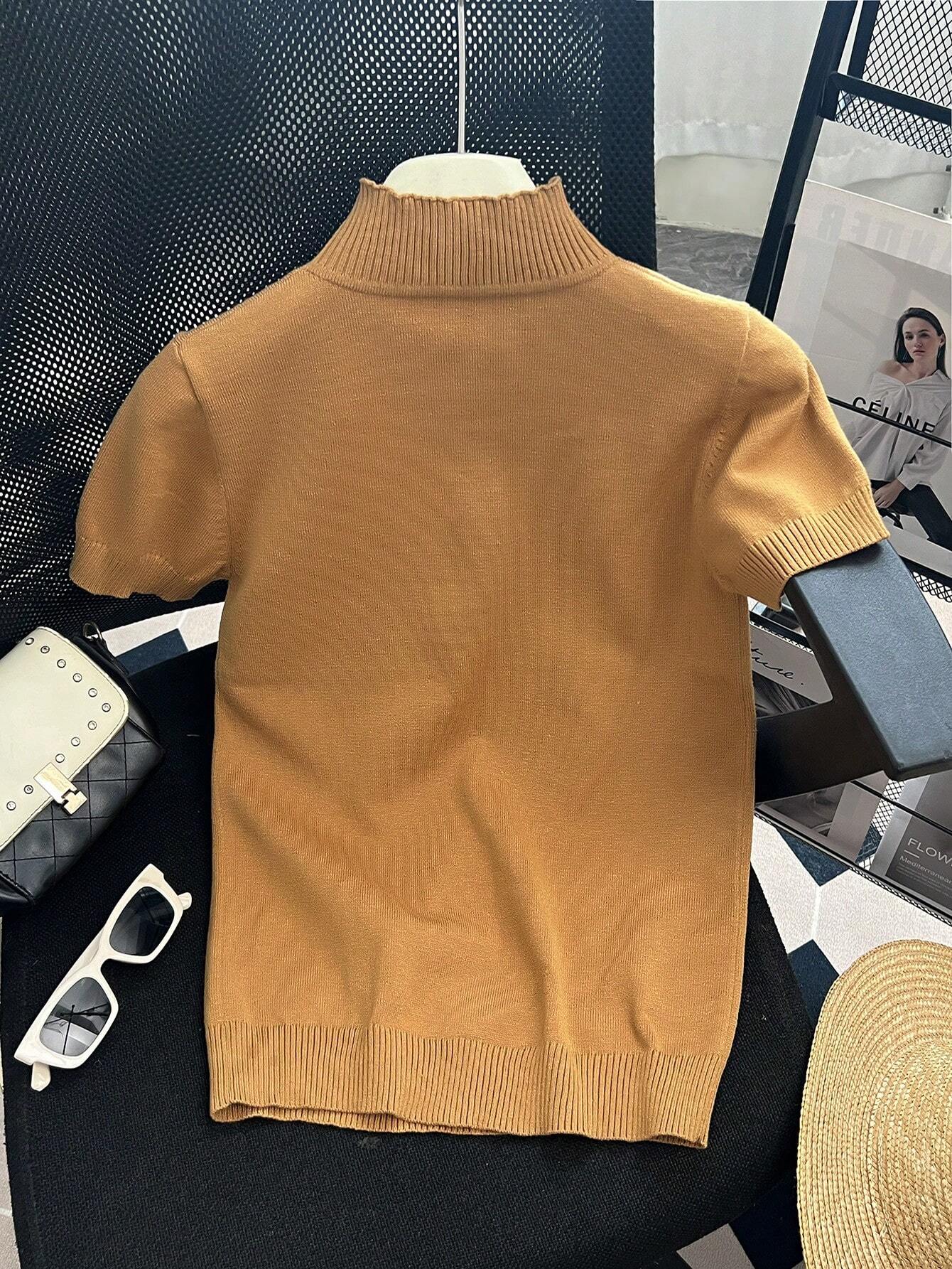 Women Casual Solid Color Turtleneck Slim Fit Short Sleeve Knit Top