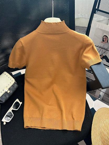 Women Casual Solid Color Turtleneck Slim Fit Short Sleeve Knit Top