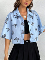 EZwear Butterfly Print Drop Shoulder Crop Shirt shein
