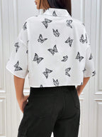 EZwear Butterfly Print Drop Shoulder Crop Shirt shein