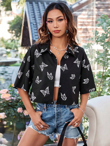 EZwear Butterfly Print Lapel Short Sleeves Drop Shoulder Truncate Shirt shein