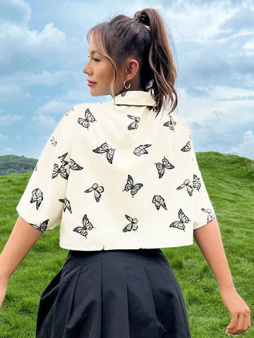 EZwear Butterfly Print Lapel Short Sleeves Drop Shoulder Truncate Shirt shein