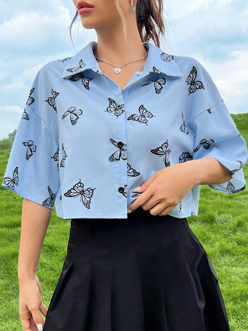 EZwear Butterfly Print Lapel Short Sleeves Drop Shoulder Truncate Shirt shein