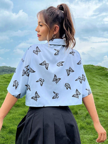 EZwear Butterfly Print Lapel Short Sleeves Drop Shoulder Truncate Shirt shein