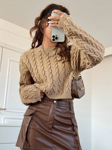 EZwear Cable Knit Drop Shoulder Sweater shein