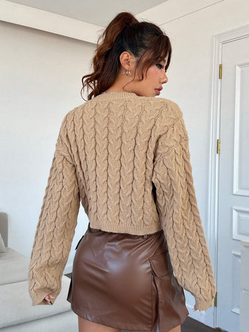 EZwear Cable Knit Drop Shoulder Sweater shein