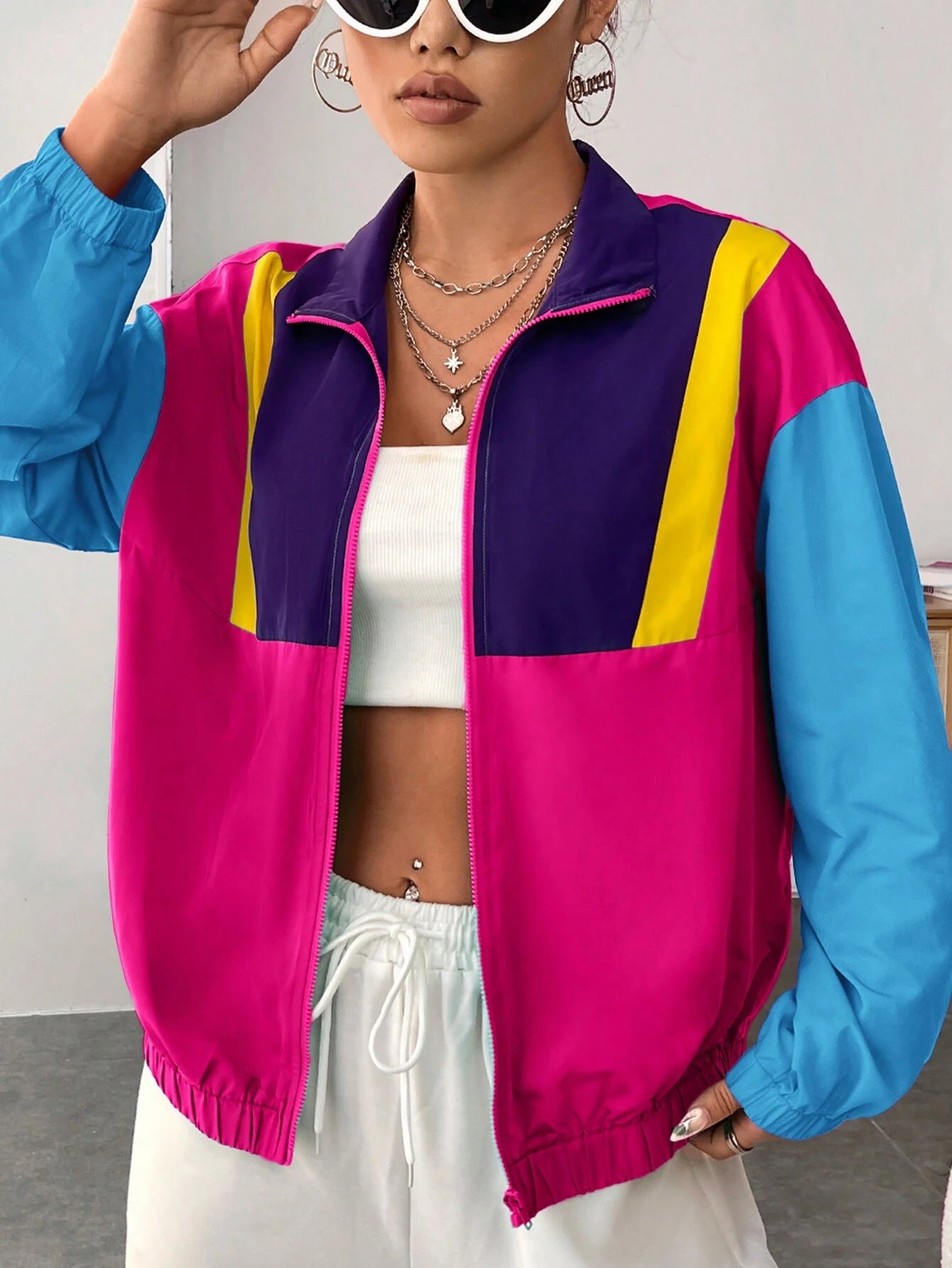 EZwear Colorblock Zip Up Drop Shoulder Jacket shein