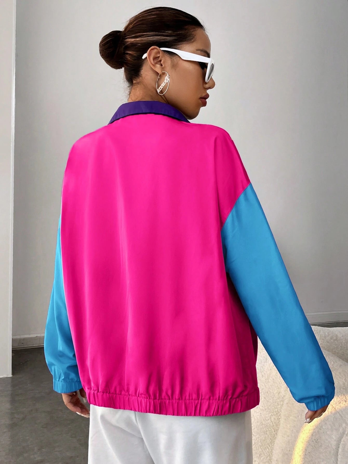 EZwear Colorblock Zip Up Drop Shoulder Jacket shein