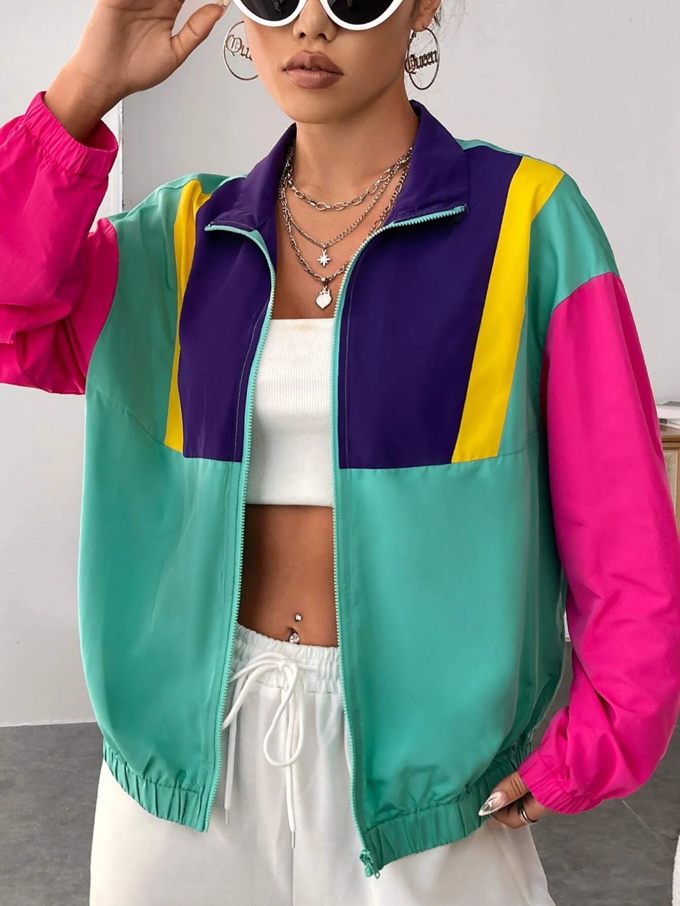 EZwear Colorblock Zip Up Drop Shoulder Jacket shein