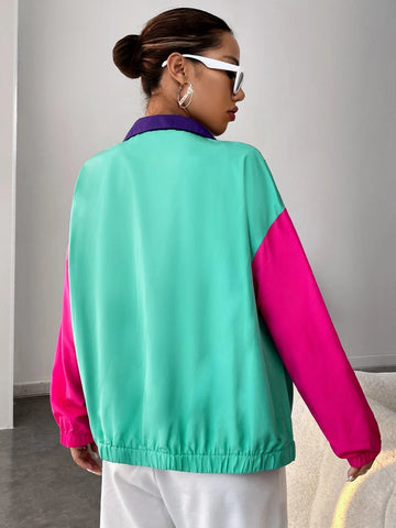 EZwear Colorblock Zip Up Drop Shoulder Jacket shein