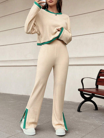 EZwear Contrast Color Dropped Shoulder Knitted Women's Suit shein