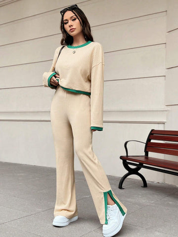 EZwear Contrast Color Dropped Shoulder Knitted Women's Suit shein