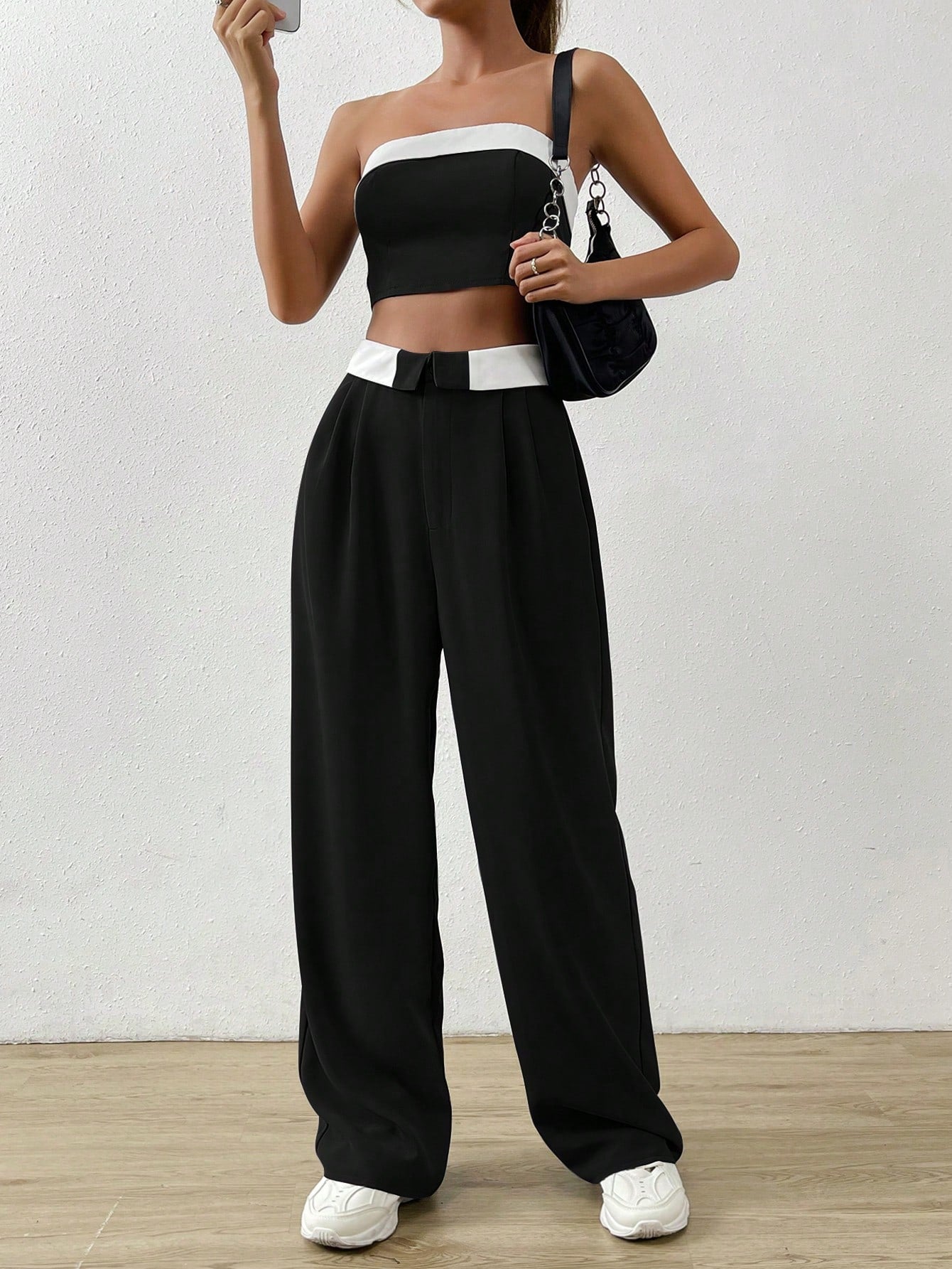 EZwear Contrast Trim Tube Top & Folded Waist Wide Leg Pants shein