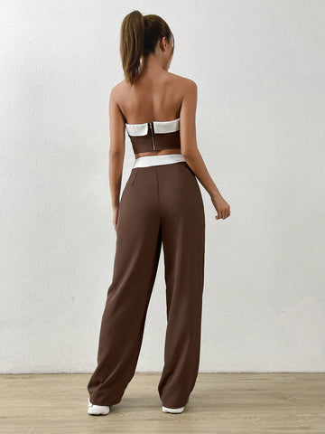 EZwear Contrast Trim Tube Top & Folded Waist Wide Leg Pants shein