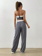 EZwear Contrast Trim Tube Top & Folded Waist Wide Leg Pants shein