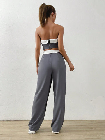 EZwear Contrast Trim Tube Top & Folded Waist Wide Leg Pants shein