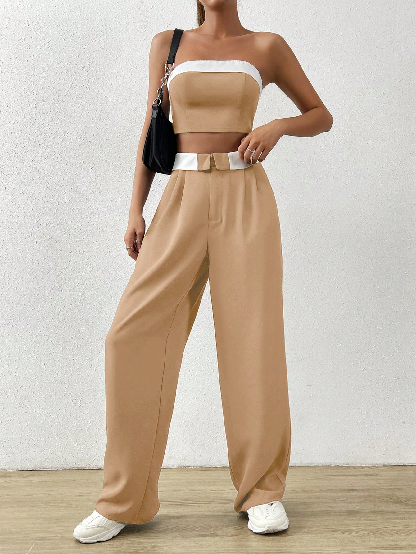 EZwear Contrast Trim Tube Top & Folded Waist Wide Leg Pants shein