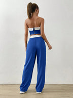 EZwear Contrast Trim Tube Top & Folded Waist Wide Leg Pants shein