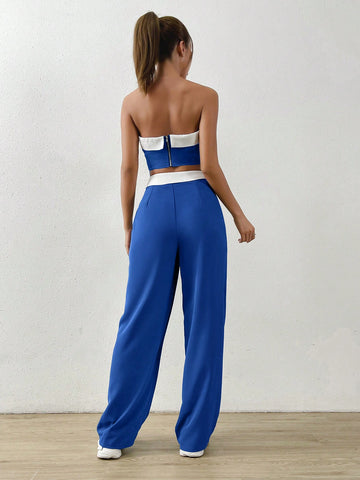 EZwear Contrast Trim Tube Top & Folded Waist Wide Leg Pants shein