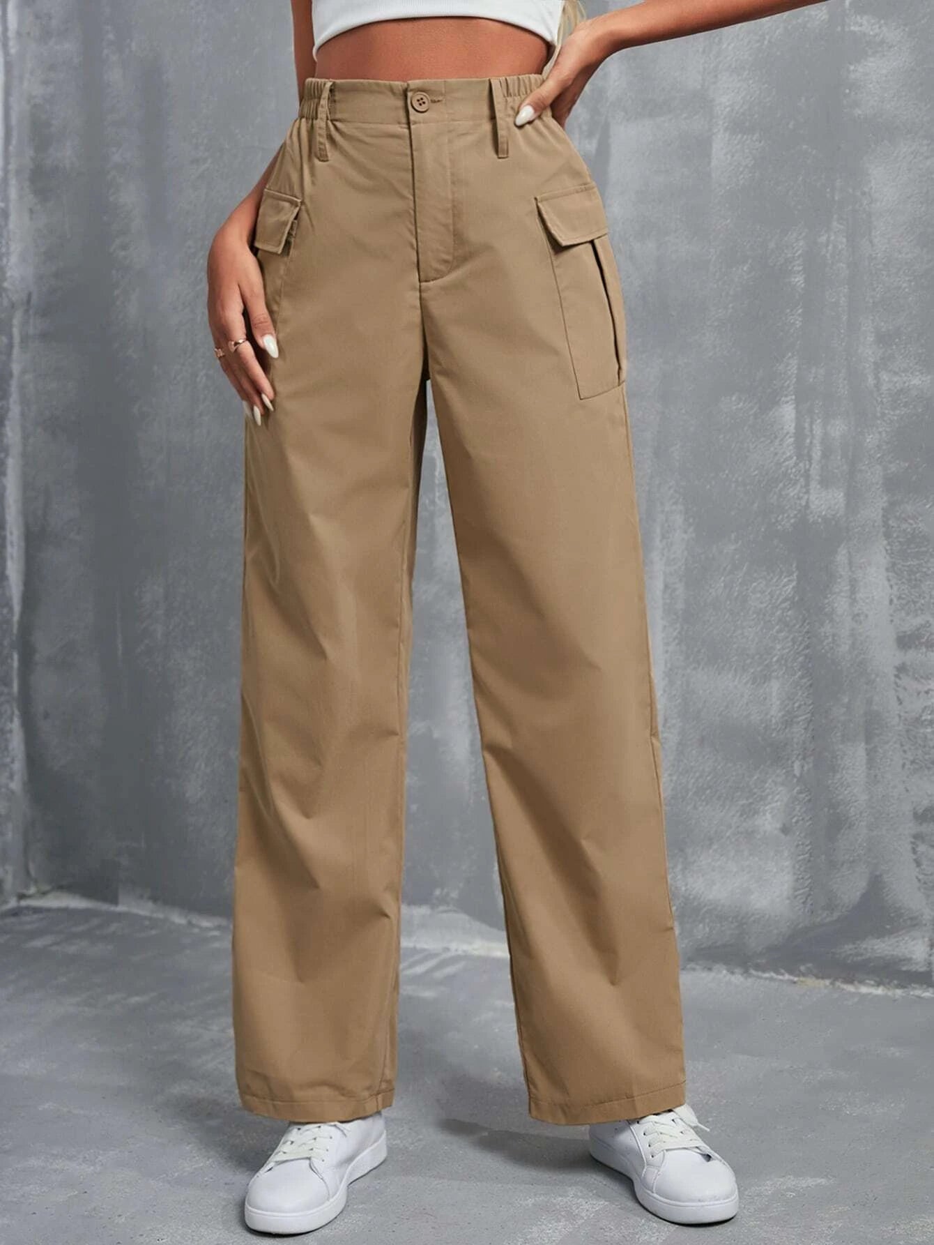 EZwear High Waist Flap Pocket Cargo Pants shein