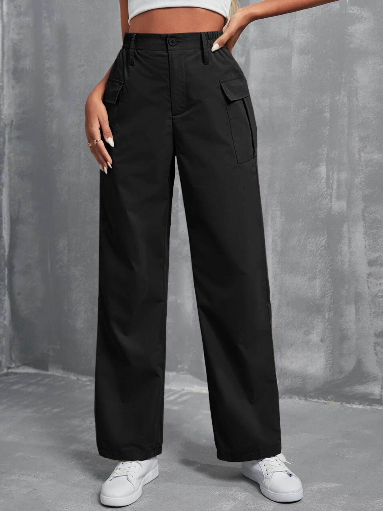 EZwear High Waist Flap Pocket Cargo Pants shein