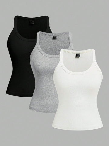 EZwear Ladies' 3pcs/Pack Tight-Fitting Round Neck Casual Tank Top shein