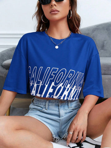 EZwear Letter Graphic Drop Shoulder Crop Tee shein