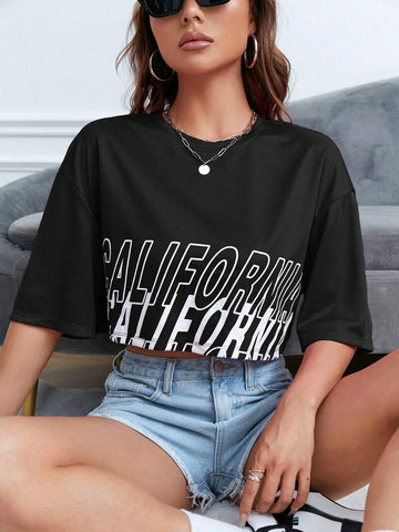 EZwear Letter Graphic Drop Shoulder Crop Tee shein