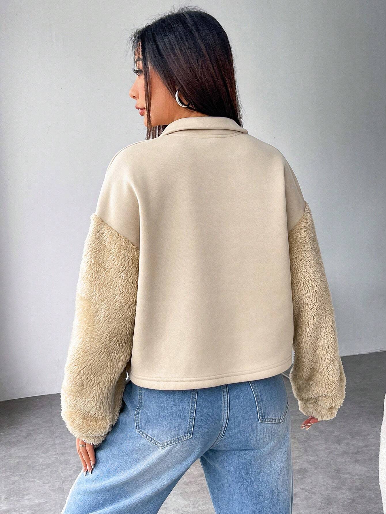 EZwear Letter Patched Drop Shoulder Contrast Fuzzy Sweatshirt shein