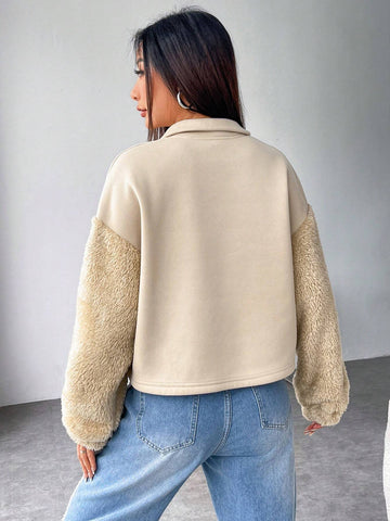 EZwear Letter Patched Drop Shoulder Contrast Fuzzy Sweatshirt shein