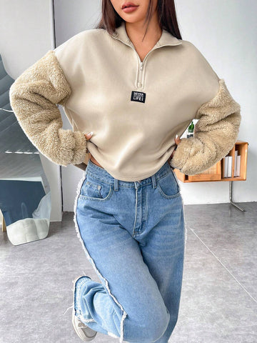 EZwear Letter Patched Drop Shoulder Contrast Fuzzy Sweatshirt shein