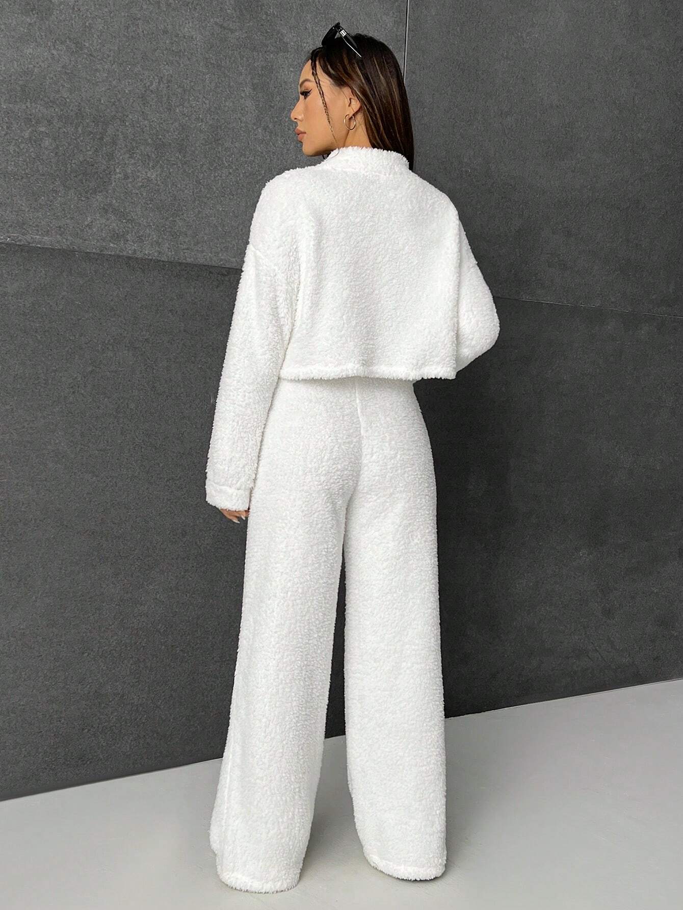 EZwear Mock Neck Drop Shoulder Teddy Pullover & Pants shein