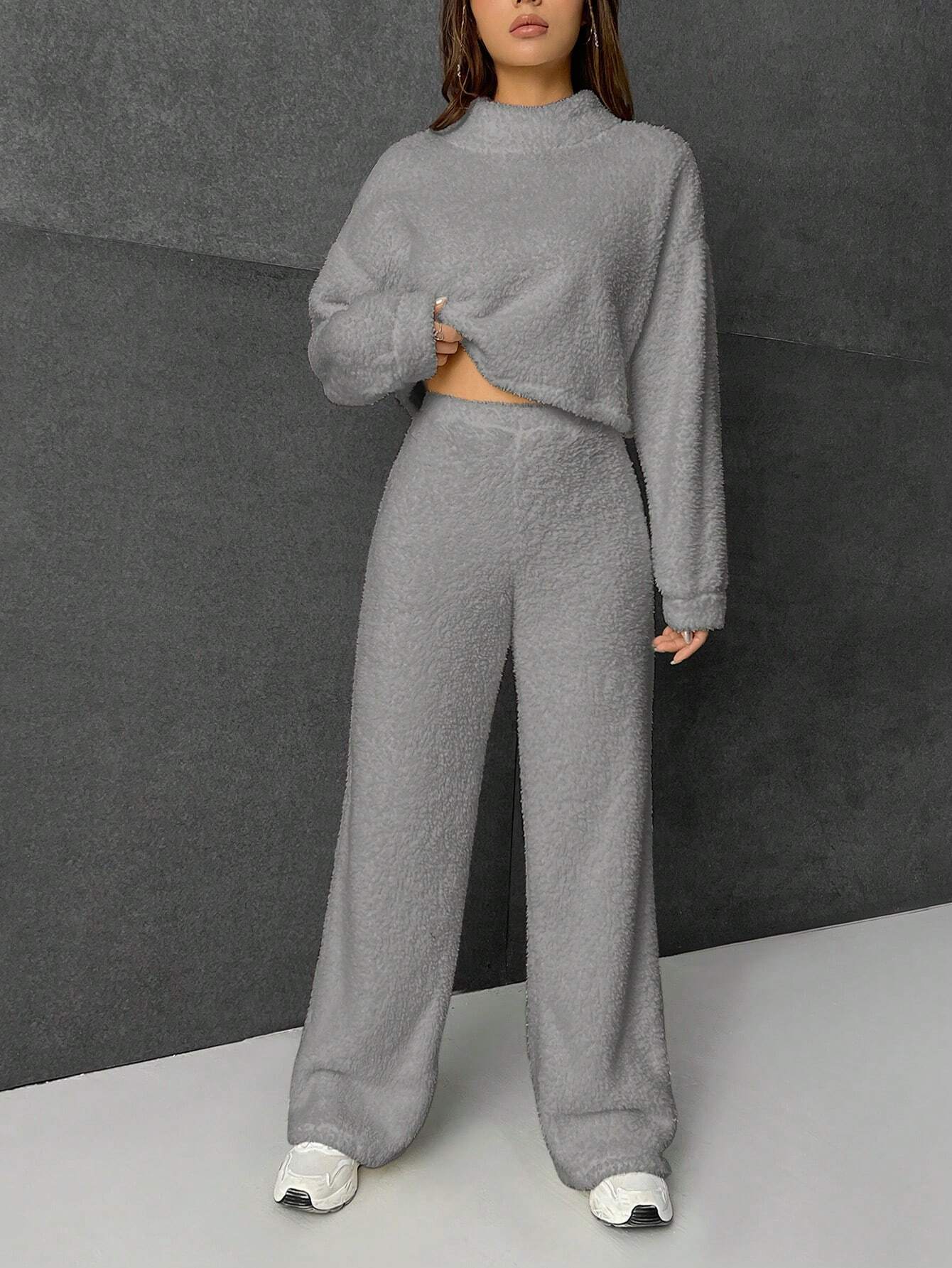 EZwear Mock Neck Drop Shoulder Teddy Pullover & Pants shein