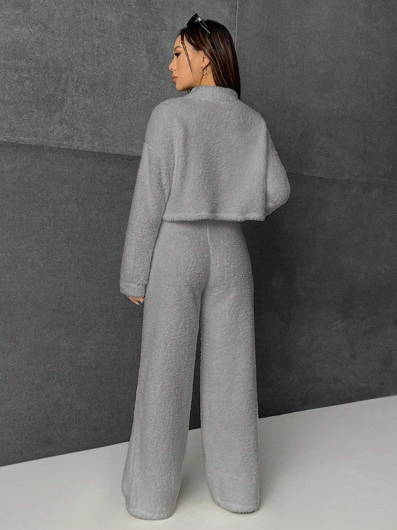 EZwear Mock Neck Drop Shoulder Teddy Pullover & Pants shein