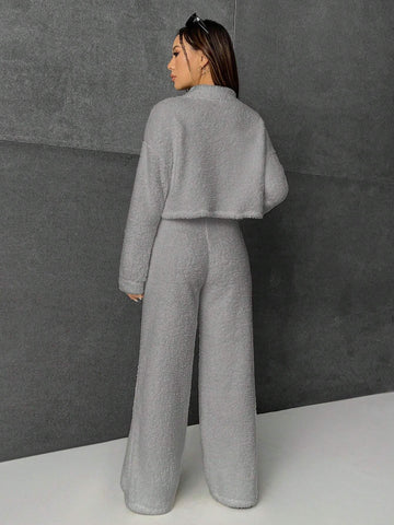 EZwear Mock Neck Drop Shoulder Teddy Pullover & Pants shein